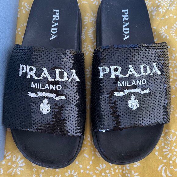 Prada Sequin Logo Sandals/Slides - Picture 2 of 3